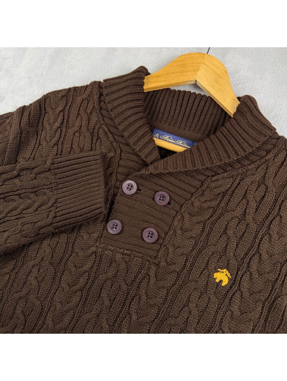 Brooks Brothers Brown Cable-Knit Shawl Collar 4-Button Sweater Size XL Old Money